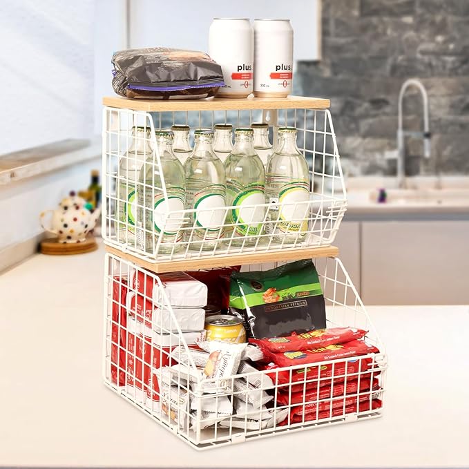 White Fruit Bowl, 2-Tier Fruit Basket for Kitchen Counter, Stackable Wall Mounted Veggie Storage, Snack Organizer, Potato and Onion Storage Basket, Hanging Pantry Organizer with Wood Lid, 2 Set-Ruum Studio Home