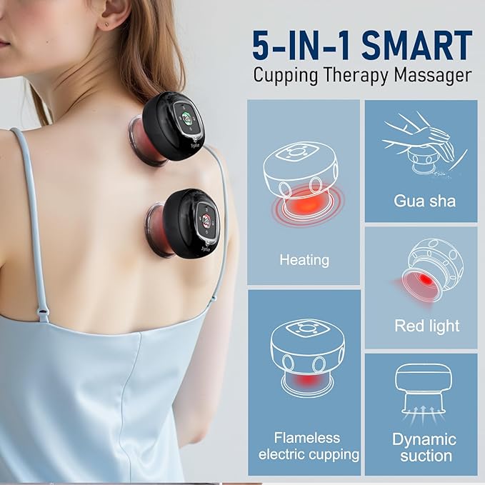 5-in-1 Smart Dynamic Cupping Set, 20 Levels Cupping Kit for Massage Therapy with Red Ligh-t Therapy&Heat Penetrates for Targeted Pain Relief, Knots, Aches, Muscle Soreness - 2Pcs(Black&Black)-Ruum Studio Home