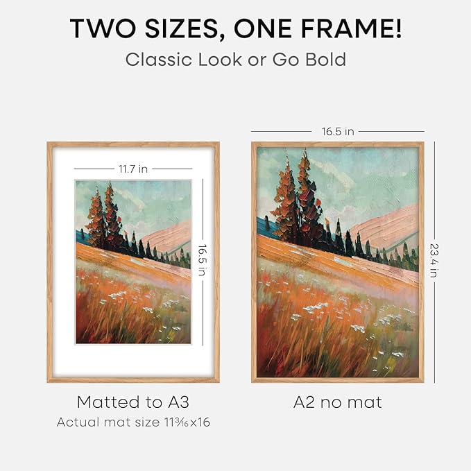 Homeforia A2 Picture Frame Natural Wood, High End Oak 16.5 x 23.4 Wooden Poster Frames Matted to 11.7 by 16.5 Photo, A2 Size Light Wood Frames with Mat A3 for Print, Tempered Glass, Wall Kit, Set of 1-Ruum Studio Home