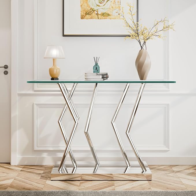 43.3" Glass Modern Console Table, Sturdy Silver Entryway Table with Stainless Steel Base, Rustic Entrance Table, Minimalist Narrow Tables for Living Room & Office-Ruum Studio Home