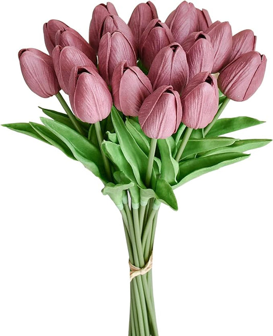 Mandy's Artificial Tulips 20 Stems Mauve PU Faux Flowers for Wedding Home Decor 13.5 Inch-Ruum Studio Home