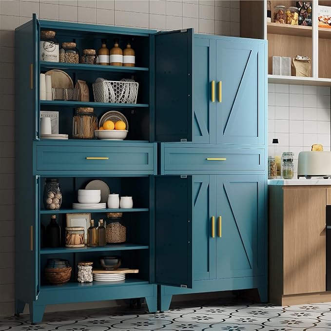 71 "Farmhouse Metal Filing Cabinet with a Drawer and 4 Adjustable Shelves, with 4 Large barn Door White Kitchen Cabinets, Metal Food Cabinets for Home, Kitchen, Dining/Living Room (Peacock Blue)-Ruum Studio Home