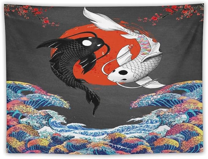Houselerax Japanese Koi Fish Tapestries, Yin Yang Big Wave Cherry Blossom Tapestry Wall Hanging for Bedroom Living Room Office Decor 60"x50"-Ruum Studio Home