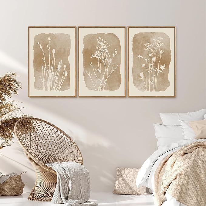 SIGNINART Boho Botanical Framed Canvas Wall Art Set, Neutral Wildflower Wall Decor, Vintage Floral Wall Painting, Art Print for Farmhouse Living Room, Bedroom, Office, Bathroom 16"x24"x3-Ruum Studio Home