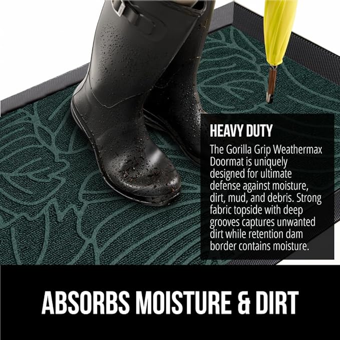 GORILLA GRIP 100% Waterproof All-Season WeatherMax Doormat, 34x58, US Designed Natural Rubber, Stain and Fade Resistant, Low Profile Indoor Outdoor Door Mats, Easy Clean Patio Mat, Green Palm-Ruum Studio Home