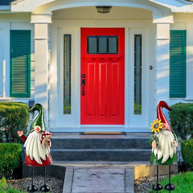 HONGLAND Metal Gnome Yard Art Outdoor Gnomes Garden Statue 18 Inch Gnome Figurine Decorative Stakes for Holiday Christmas Lawn Patio Yard Garden Decor-2 PCS-Ruum Studio Home