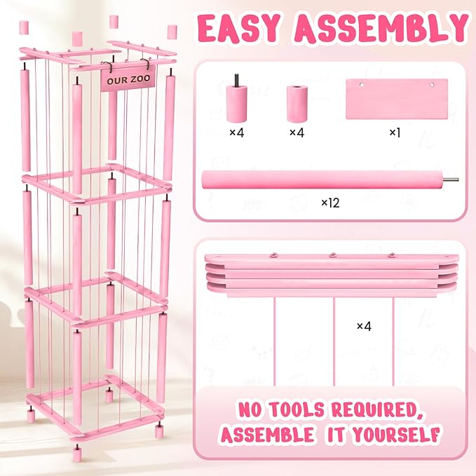 Stuffed Animal Storage & Organizer, Wooden Cute Zoo Toy Holder for Toddler Rooms, Playrooms & Bedrooms（Pink）-Ruum Studio Home