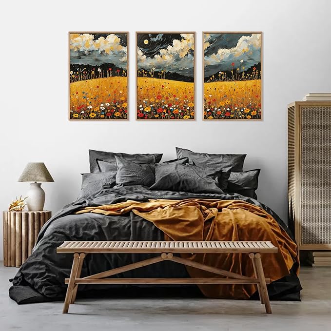 HLNIUC Mystical Moonlight Framed Wall Art Set,Night Moon Wildflower Canvas Wall Decor,Full Moon Mountain Flower Art Print,Large Golden Floral Landscape Wall Painting for Living Room,Office - 16”x24”x3-Ruum Studio Home