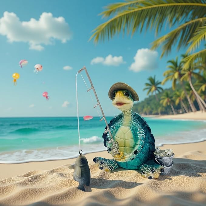 Turtle Fishing Decor, Summer Garden Statues, Nautical Coastal Beach Decorations, Home Office Decor Gifts, Bookshelf Desk Bathroom Tabletop Statue Ornament (Turtle Fishing)-Ruum Studio Home