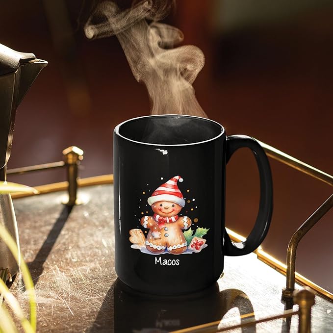 Watercolor Christmas Gingerbread Design Mug, Custom Gingerbread Lover Black Cup, Customized Christmas Coffee Mug With Name, Gift For Boy Girl, Personalized Gingerbread Lover Cup 11oz 15oz-Ruum Studio Home