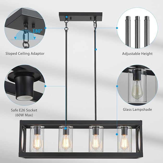 XINGQI Black Kitchen Island Light Fixtures Over Table, 31.5" Rectangular Linear Chandeliers Farmhouse Dining Room Pendant Ceiling 4-Light with Glass Lampshade for Living Room Bar Office-Ruum Studio Home