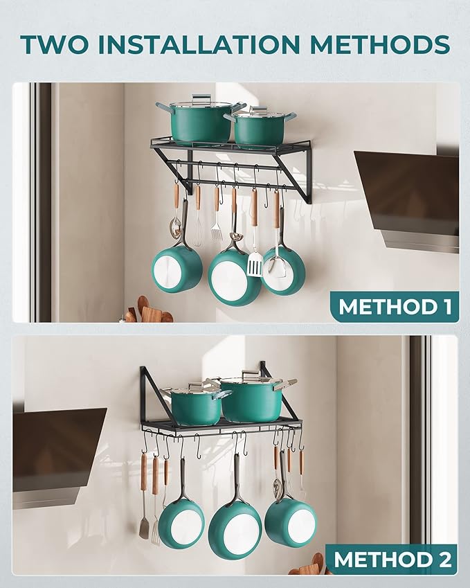 OROPY 23 Inch Wall Mounted Pot Rack Storage Shelf with 2 Tier Hanging Rails 12 S Hooks included, Ideal for Pans, Utensils, Cookware, Plant Black-Ruum Studio Home