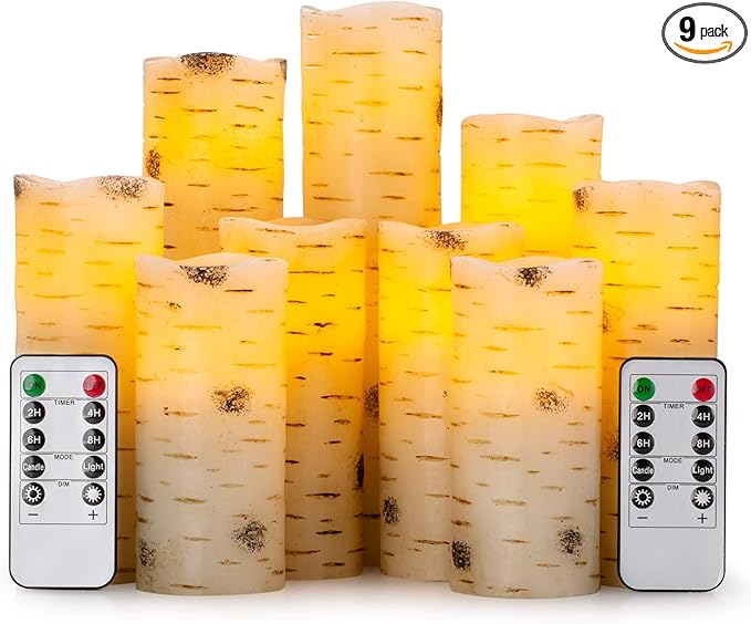 Flameless Flickering LED Candles with Birch Bark Effect - Set of 9 Battery-Operated Real Wax Pillar Candles with 10-Key Remote Control - 2/4/6/8 Hour Timer-Ruum Studio Home