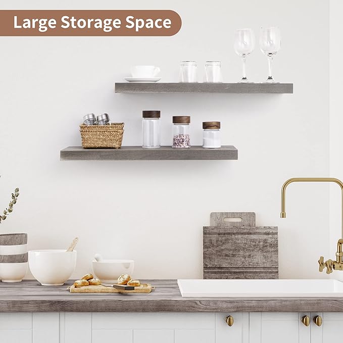 Axeman Floating Shelves for Wall, 24''W x 8'' D Rustic Solid Elm Wood Shelves for Storage, Wall Mounted Display Shelving with Invisible Heavy-Duty Metal Bracket (Grey, 2PCs)-Ruum Studio Home