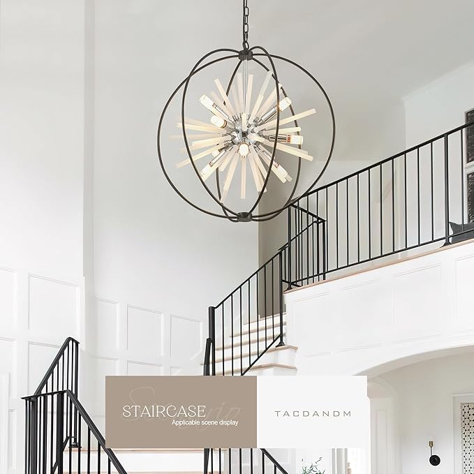 23.6" Black Chrome 12-Light Globe Sputnik Chandelier Modern Adjustable Hanging Ceiling Glass Tube Pendant Light Fixture for Entryway Foyer Staircase Dining Living Room Hallway-Ruum Studio Home