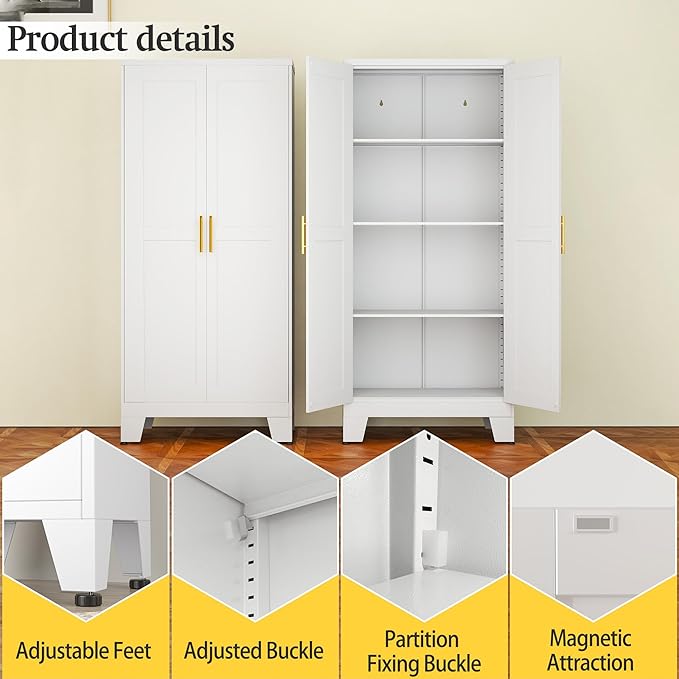White Metal Storage Cabinet, 61" Steel Cabinets for Home Office, Kitchen Pantry Storage Cabinet with Doors and 3 Adjustable Shelves, Tool Cabinet, for Office, Home, Garage, School-Ruum Studio Home