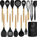 Silicone Cooking Utensils Set - 446°F Heat Resistant Silicone Kitchen Utensils for Cooking,Kitchen Utensil Spatula Set w Wooden Handles and Holder, BPA FREE Gadgets for Non-Stick Cookware (Black)-Ruum Studio Home