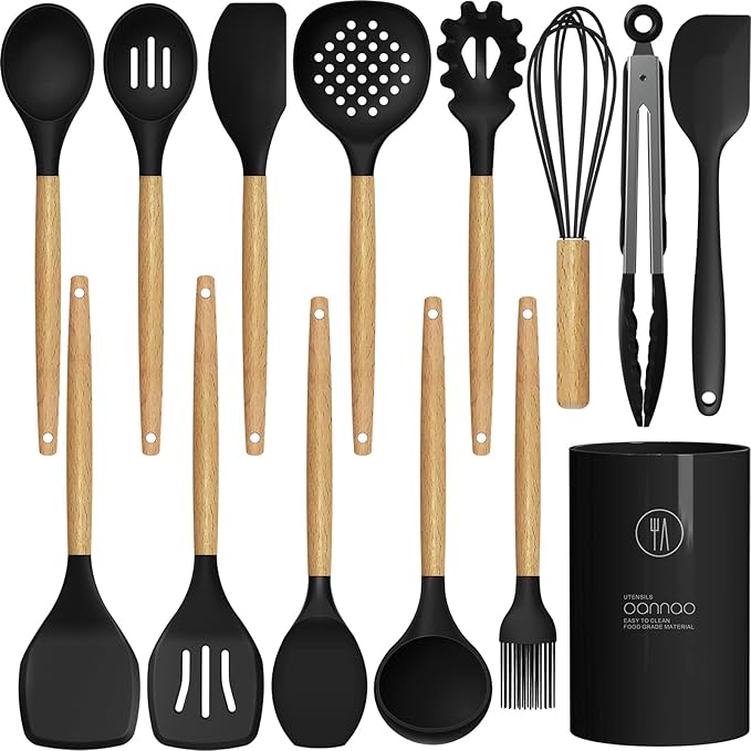 Silicone Cooking Utensils Set - 446°F Heat Resistant Silicone Kitchen Utensils for Cooking,Kitchen Utensil Spatula Set w Wooden Handles and Holder, BPA FREE Gadgets for Non-Stick Cookware (Black)-Ruum Studio Home