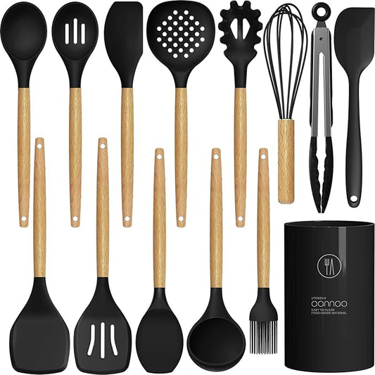 Silicone Cooking Utensils Set - 446°F Heat Resistant Silicone Kitchen Utensils for Cooking,Kitchen Utensil Spatula Set w Wooden Handles and Holder, BPA FREE Gadgets for Non-Stick Cookware (Black)-Ruum Studio Home