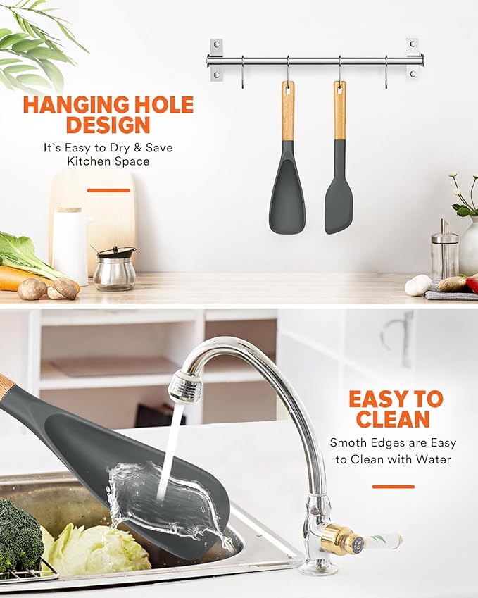 Cooking Spoon and Scraper for Nonstick Cookwares, Great for Cooking and Serving Durable BPA-Free Matte Silicone, Wood Handle Multifunction Spoon for Mixing, Scoop, and Scrape (GREY)-Ruum Studio Home