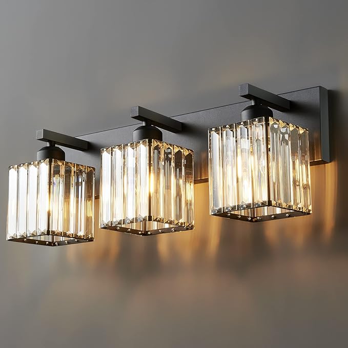 Modern Bathroom Vanity Light 3-Lights Modern Black Crystal Wall Light Bathroom Vanity Light Fixtures-Ruum Studio Home