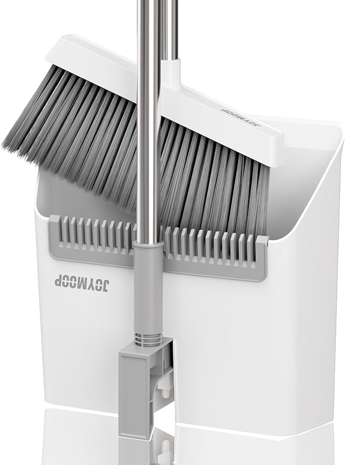 JOYMOOP White Broom and Dustpan Set, Upright Angle Design with Built-in Comb Teeth for Kitchen, Office, Pet Hair, Hard Floors-Ruum Studio Home