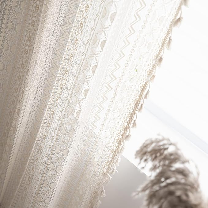 Sutuo Home Boho Curtains for Bedroom Nursery 90 Inch Length, Bohemian Geometric Crochet Sheer Lace Handmade Tassels Window Treatment Vintage Rustic Drape Rod Pocket 1 Panel 59" W x 90" L, Beige Wave-Ruum Studio Home