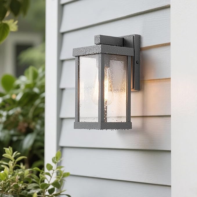 mirrea 11" Classic Outdoor Wall Sconce 1 Light in Matte Gray Rectangular Metal Frame and Clear Glass Shade Waterproof Porch Light Patio Light Pack of 2-Ruum Studio Home