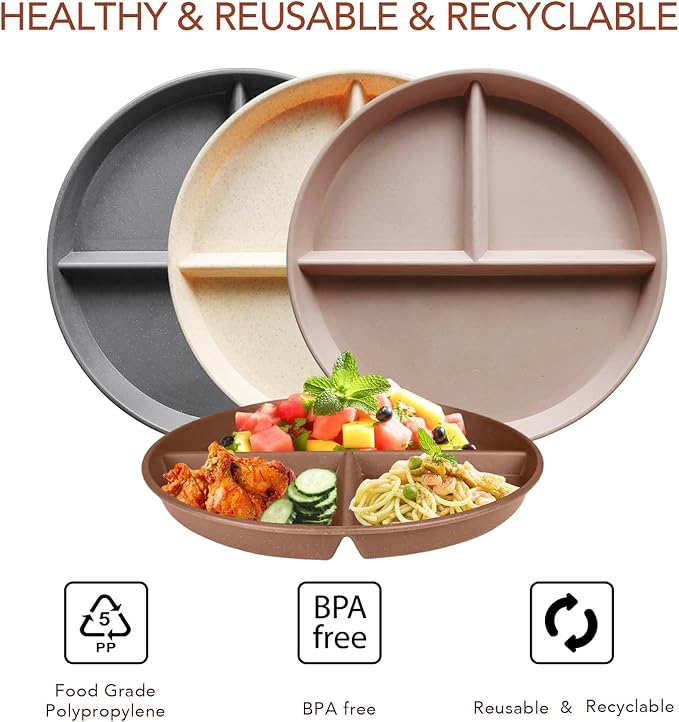 greenandlife 9 Inch 4PCS Unbreakable Portion Control Plates, Divided Plates for Kids Adults, Dishwasher & Microwave Safe Compartment Plate, Lightweight Reusable Wheat Straw Plate, BPA Free-Ruum Studio Home