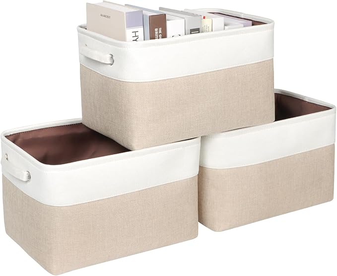 Kntiwiwo Foldable Storage Bins 15" x 10" x 9.5" Fabric Storage Basket Cube with Handles Large Linen Closet Organizer Bins for Organizing Shelf Home,Set of 3, Beige-Ruum Studio Home