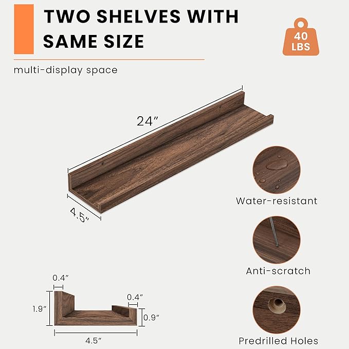 Heimlove Picture Ledge Shelf, Floating Shelves Set of 2, 24 Inches Picture Shelf for Wall with Ledge, Kids Bookshelf Wall Mounted for Living Room Bedroom Decor Books Photo Frames - Walnut-Ruum Studio Home