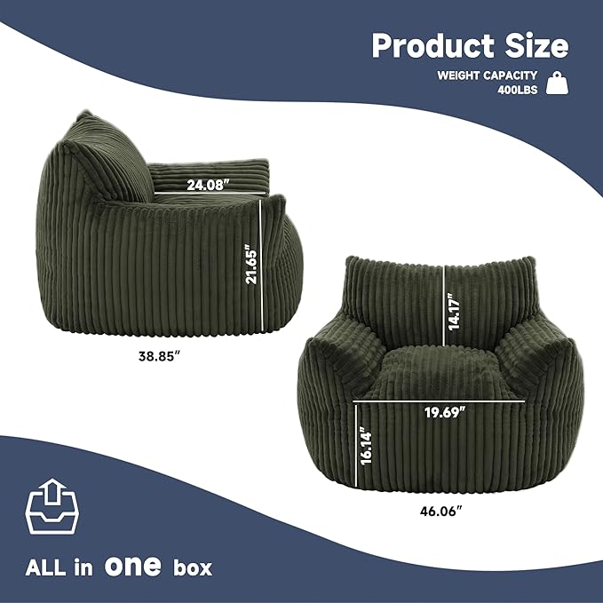 Oversized Bean Bag Chair for Adults, Giant Comfy Plush Boneless Bean Bag Couch with Filler for Kids - Reading Chair for Living Room, Bedroom & Dorm, Single Accent Chair Floor Lounger, Green-Ruum Studio Home
