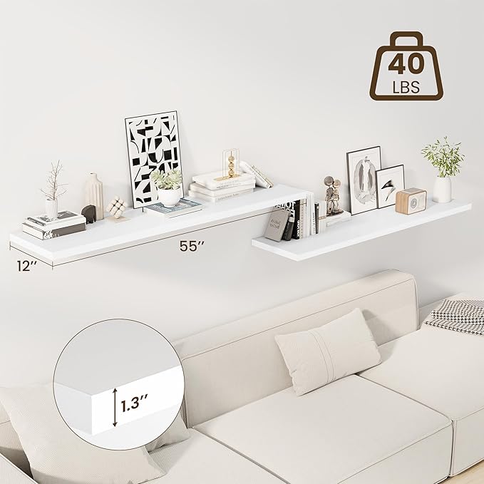 55" Floating Shelves for Wall, 12" Deep Slim White Floating Shelves, Wall-Mounted Shelves for Bedroom, Living Room, Kitchen, Bathroom - Set of 2-Ruum Studio Home