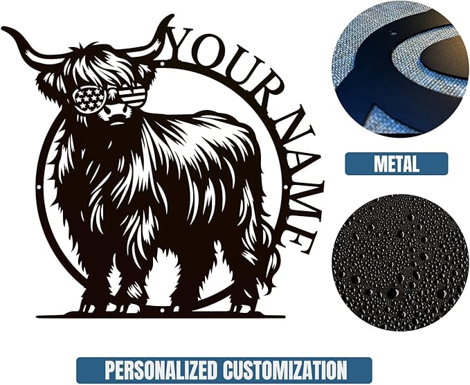 Personalized Highland Cow Name metal Signs,Custom Highland Cow Metal Shed Wall Decor,Black Metal Wall Art Plaques Outdoor wall Decorative Signage (Style G)-Ruum Studio Home
