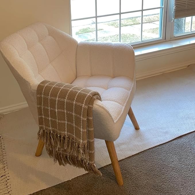 White Sherpa Accent Chair with Ottoman ，Modern Reading Chair with Ottoman Set, Comfy Fuzzy Armchair Living Room Chair Lounge Chair with Wood Legs for Small Spaces Bedroom Apartment-Ruum Studio Home