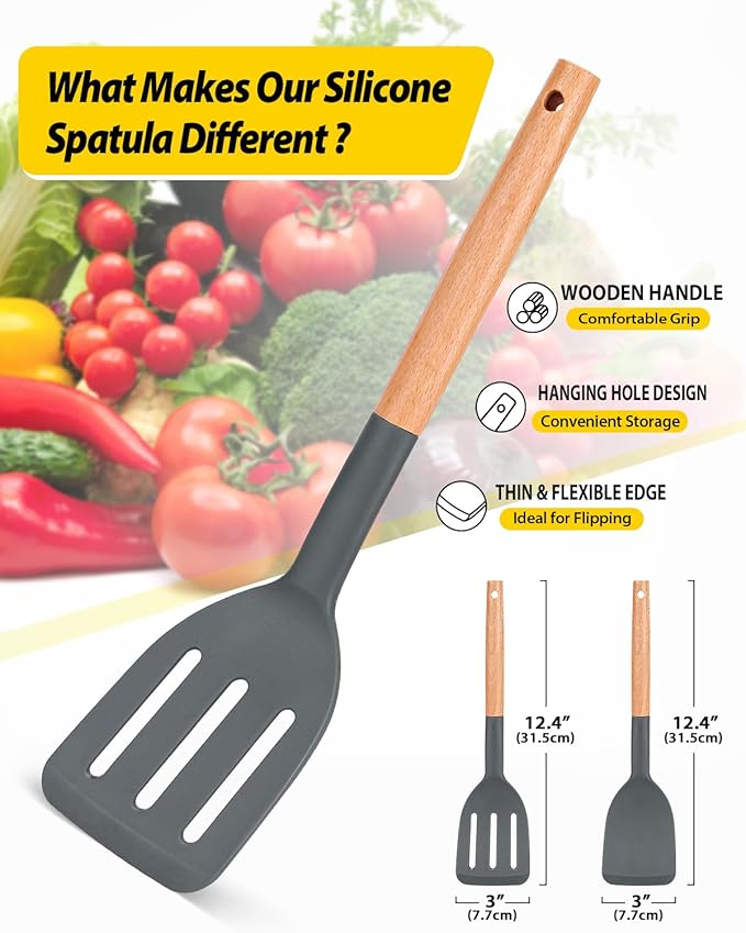 Pack of 2 Silicone Cooking Spatula, Heat Resistant Solid Turner, Non Stick Slotted Spatulas with Wooden Short Handle,Ideal Wood Kitchen Utensils Set for Frying, Baking, Flipping, Turning-Ruum Studio Home