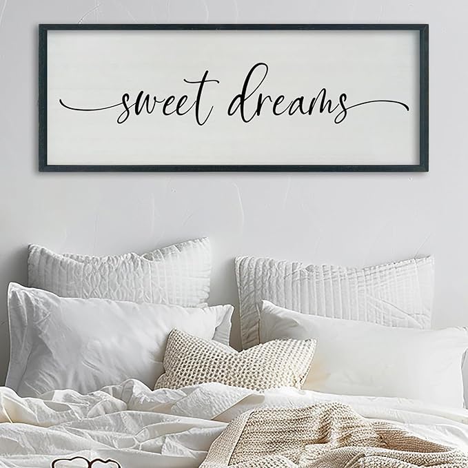 SRSZHIYUE Sweet Dreams Above Bed Wall Decor, 40"x15" Large Rustic Master Bedroom Over Bed Sign Guest Room Couples Wood Framed Farmhouse Horizontal Hanging Decoration (Black)-Ruum Studio Home