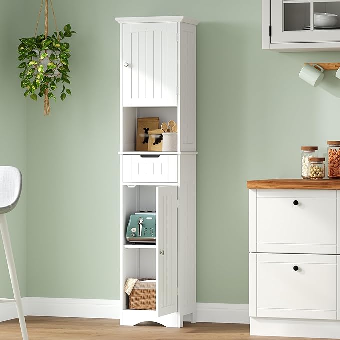 ChooChoo 67" Tall Bathroom Storage Cabinet Freestanding with Adjustable Shelves, Narrow Storage Linen Cabinet with 2 Doors and 1 Drawers for Bathroom, Living Room, Kitchen, White-Ruum Studio Home