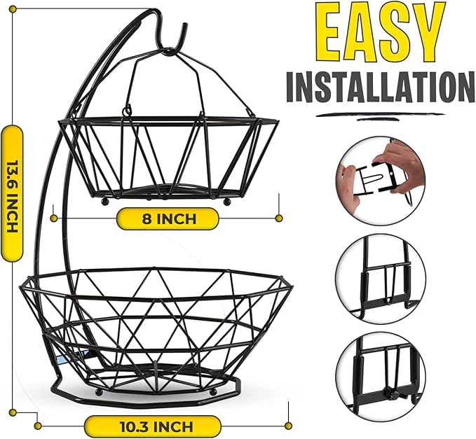 Fruit Basket with Banana Hanger and Fruit Bowl. Kitchen Counter Fruit Bowl with Banana Holder used as Bread, Vegetable or Produce Basket, Egg Holder, 2 Tier-Ruum Studio Home