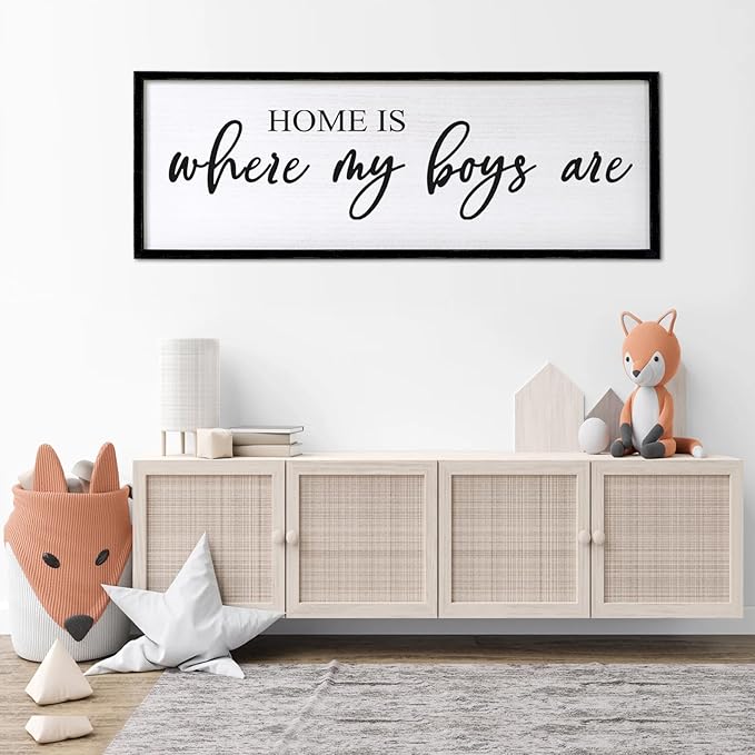 Home is Where My Boys are Sign Framed Wall Art, 40''×15'' Rustic Horizontal My Son Plaque with Black Frame for Baby Kid Boy Son Teen Toddlers Room, Horizontal Mom of Boys Gifts Nursery Decor-Ruum Studio Home