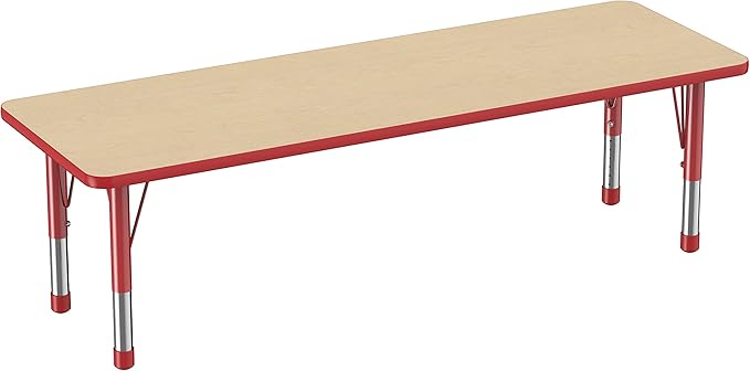 Factory Direct Partners FDP Rectangle Activity School and Classroom Kids Table (24 x 72 inch), Chunky Toddler Legs, Adjustable Table Height 15-24 inches - Maple Top and Red Edge-Ruum Studio Home
