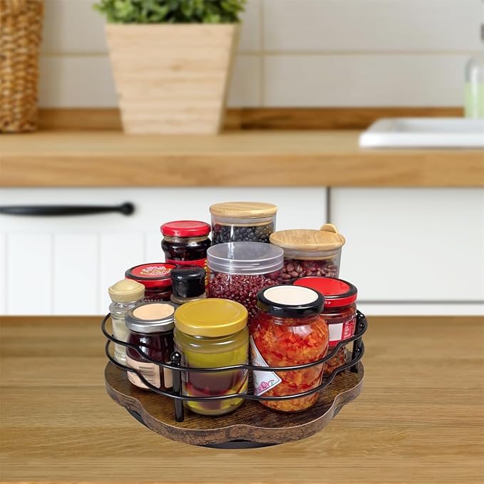 13" Lazy Susan Turntable Organizer with Higher Metal Sides, 360° Rotating Wooden Lazy Susan Organization and Storage for Cabinet,Kitchen,Countertop,Table Top,Dining Table,Coffee Bar Decor-Ruum Studio Home