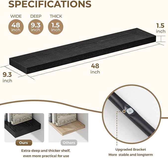 48 Inches Floating Shelves for Wall, 9.3" Deep Long Floating Shelves Set of 1, Large Display & Storage Shelf, Wall Shelf for Bathroom Bedroom Living Room Kitchen Office, Black-Ruum Studio Home