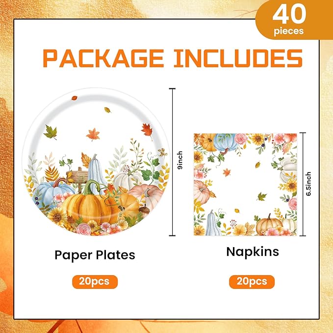 40Pcs Fall Paper Plates and Napkins Party Supplies, Disposable Thanksgiving Pumpkin Flower Wreath Plates Napkins Dinnerware Set for Autumn Theme Party Decorations (Fall)-Ruum Studio Home