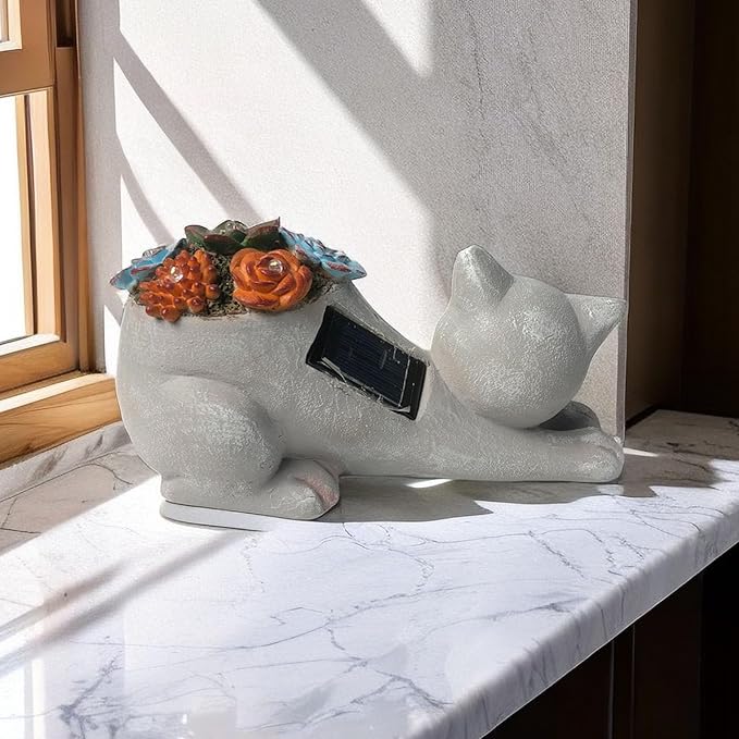 Cat Garden Figurines Outdoor Decor Solar Statue with Succulent and LED Lights for Patio Lawn Yard Art Decoration Housewarming Garden Gift-Ruum Studio Home