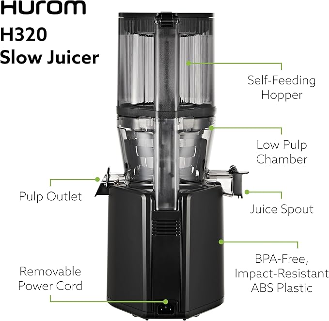 Hurom H320 Cold Press Juicer Machine, Easy to Clean Masticating Slow Juicer, Coarse Strainers, Self-Feeding, Hands Free, Family Size, Quiet Motor, Easy Assembly (Black)-Ruum Studio Home