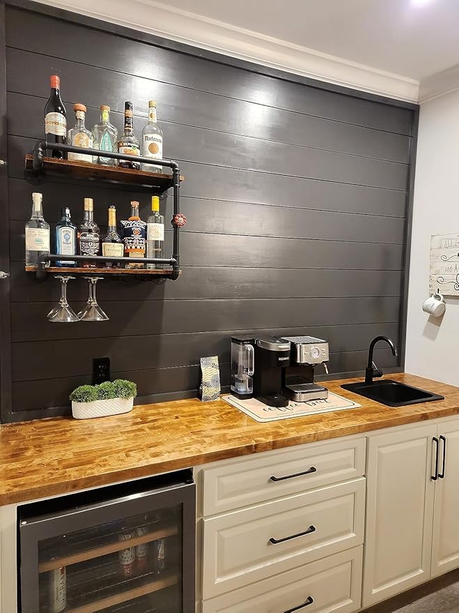 Wine Rack Wall Mounted 2 Tier, Hanging Floating Small Mini Bar Liquor Shelves with Glass Holder Storage Under, Industrial Rustic Pipe Farmhouse Kitchen Decor Black(23.6x10.6x19.7)-Ruum Studio Home