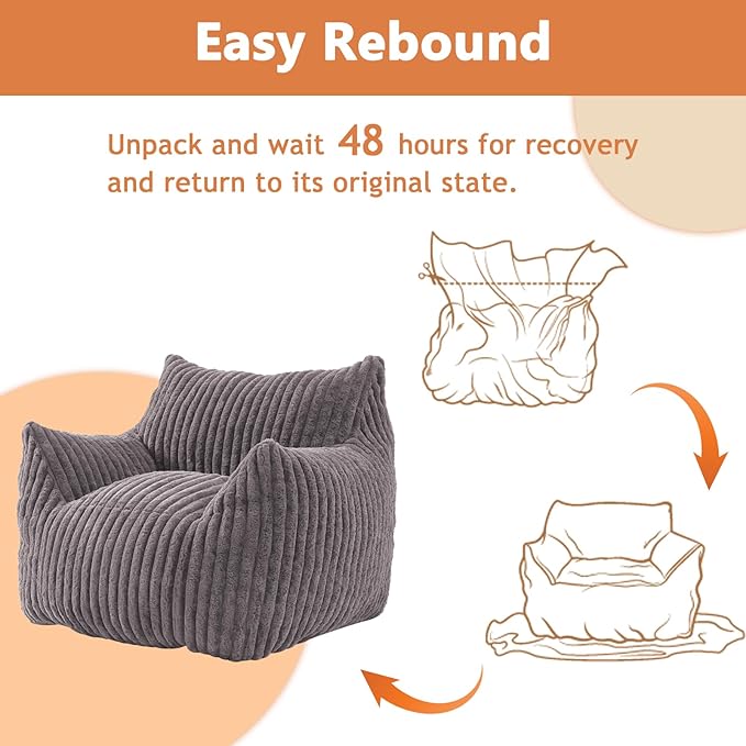 Giant Bean Bag Chairs for Adults with Filling Plush Fluffy Bean Bag Chairs for Teens with Armrests Comfy BeanBag Lazy Couch Sofa Chair for Bedroom Living Room Reading (Dark Gray2, M-for Teens/Adults)-Ruum Studio Home