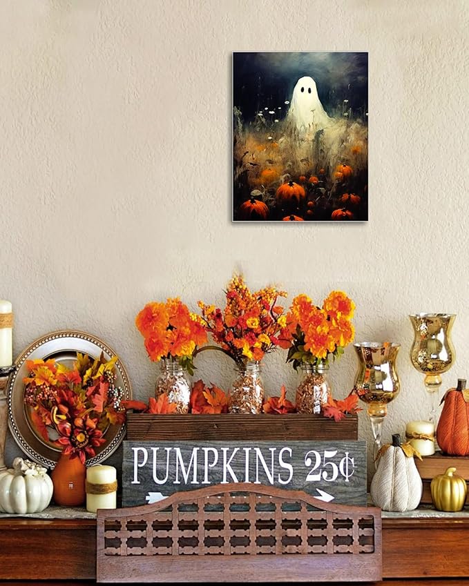 Halloween Canvas Wall Art, Spooky Ghost in Pumpkin Patch Poster, Vintage Gothic Fall Decor, Dark Academia Fall Decor for Living Room, Framed Indoor Halloween Decorations-Ruum Studio Home