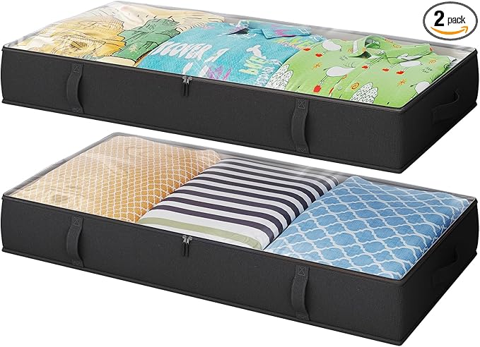2-Pack Under Bed Storage, 6 Inches Tall Closet Organizers and Storage Bins with Sturdy Sidewalls/Bottom/4 Handles, Black-Ruum Studio Home